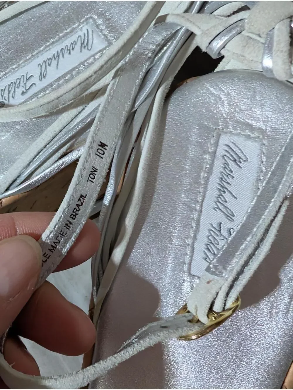 Marshall Fields  Silver Woven Strap Cork Wedge Sandals Sz 10M